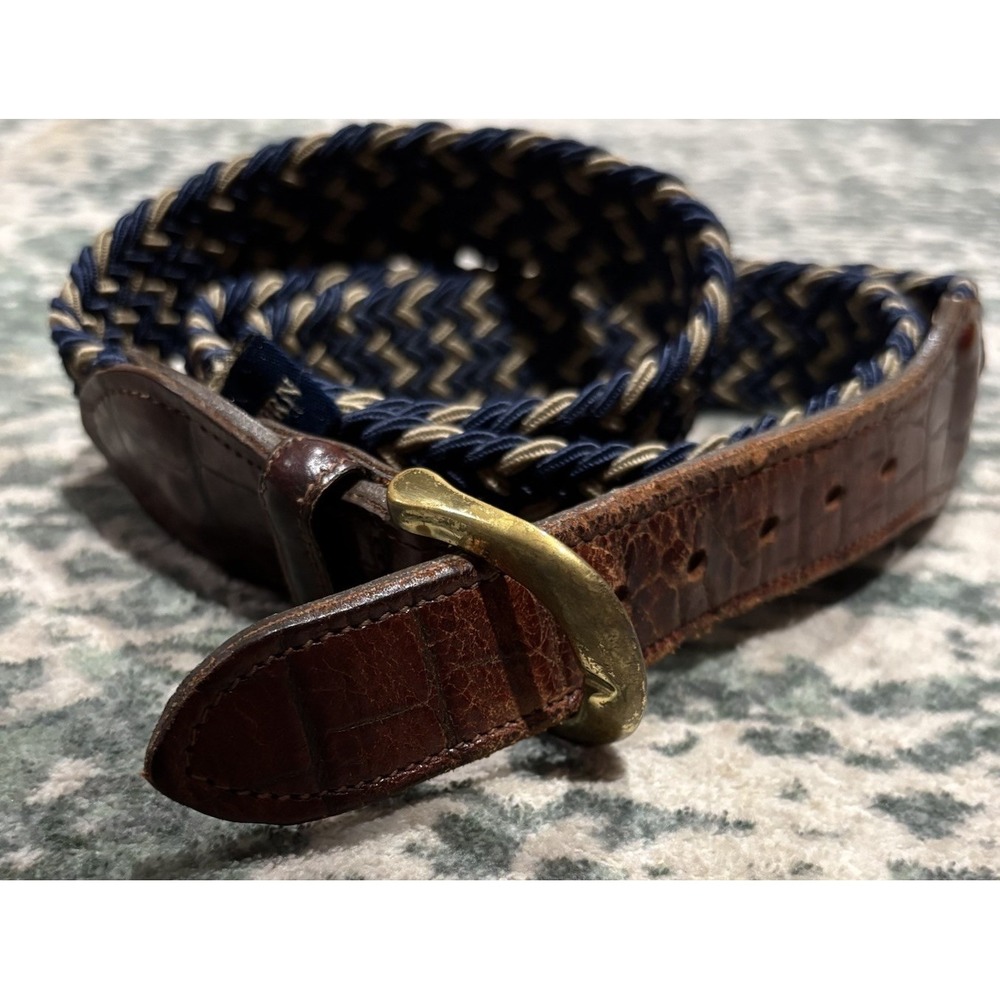 Vintage Crookhorn Crocodile Embossed Braided Stretch Belt Brass Buckle USA